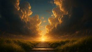 Stone pathway at sunset symbolizing the journey of how to manifest what you want, with golden clouds and tall grass
