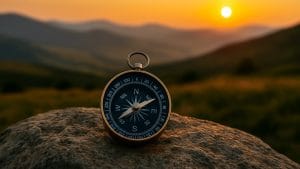 A brass compass resting on a rock with mountains and a glowing sunset in the background