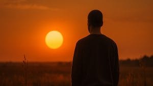 Silhouette of a man standing in a field at sunset, watching the glowing orange sun.